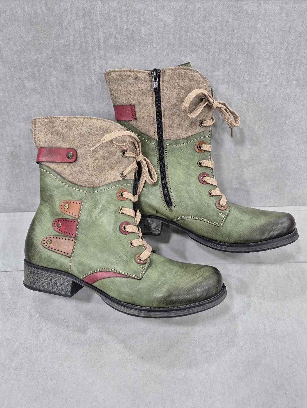 Rieker Green Leather Combat Boots with Red and Tan Accents